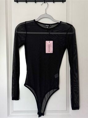 Missguided Black Sheer Mesh Long Sleeve Top Bodysuit